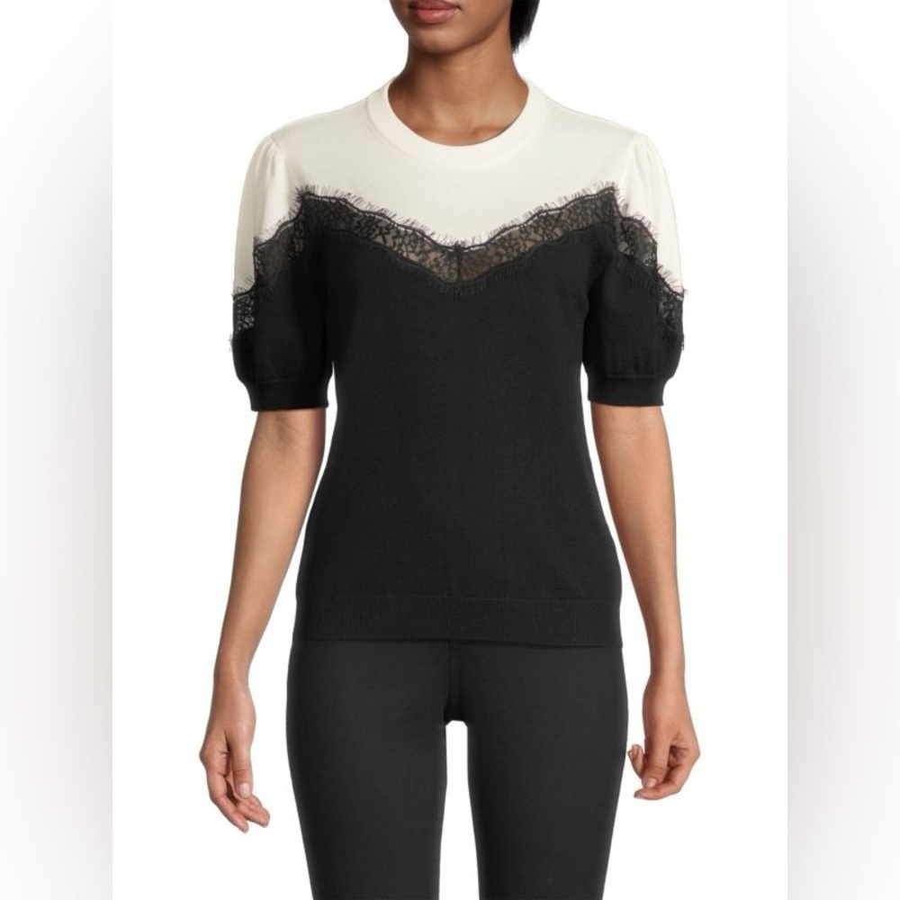 Milly Lace Inset Knit Black and White Pullover Sweater Size XL